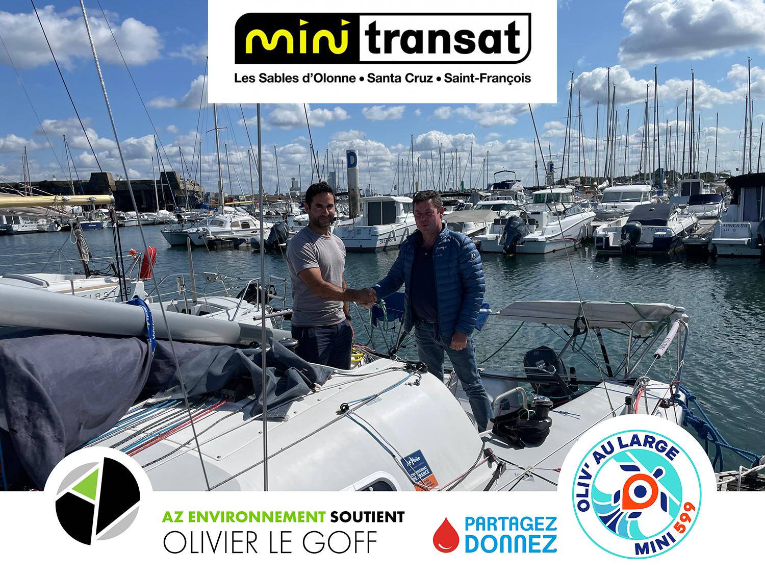 Poignée de main Ronan Le Tiec (AZ Métal) et Olivier Le Goff (Mini Transat 2023)